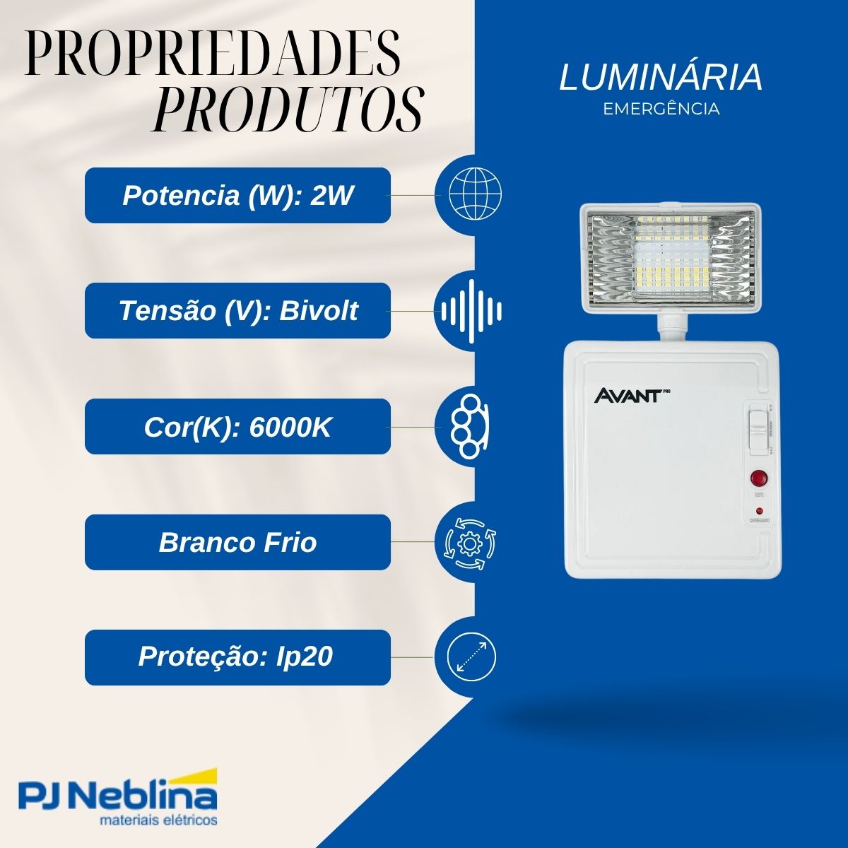 Luminária Emergência Led 1 Farol Sobrepor 2W Bivolt 6000K Branco Frio 300Lm 4H Ip20 - Avant