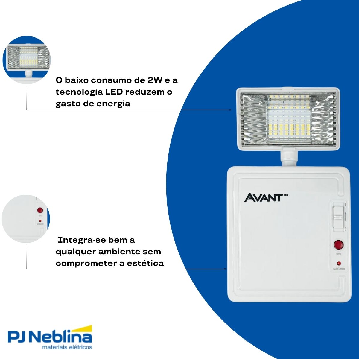 Luminária Emergência Led 1 Farol Sobrepor 2W Bivolt 6000K Branco Frio 300Lm 4H Ip20 - Avant