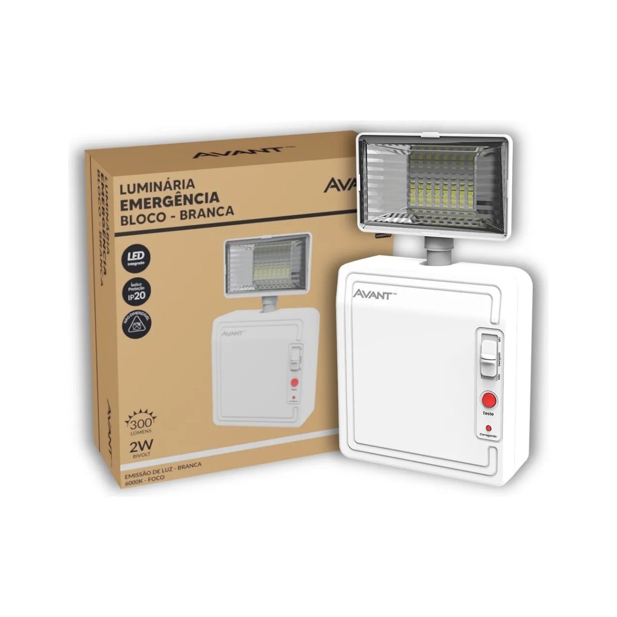 Luminária Emergência Led 1 Farol Sobrepor 2W Bivolt 6000K Branco Frio 300Lm 4H Ip20 - Avant