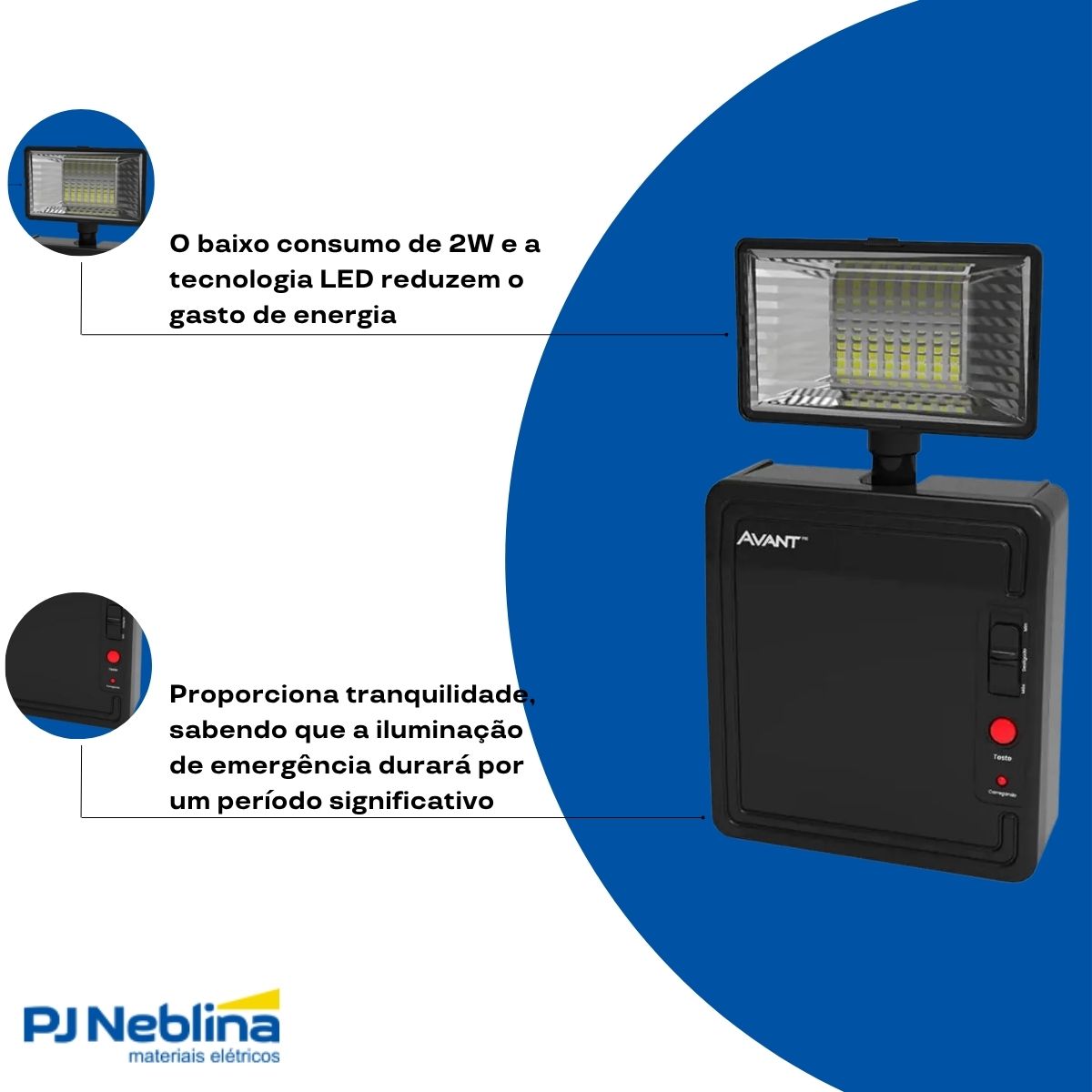 Luminária Emergência Led 1 Farol Sobrepor 2W Bivolt 6000K Branco Frio 300Lm 4H Ip20 Preto - Avant