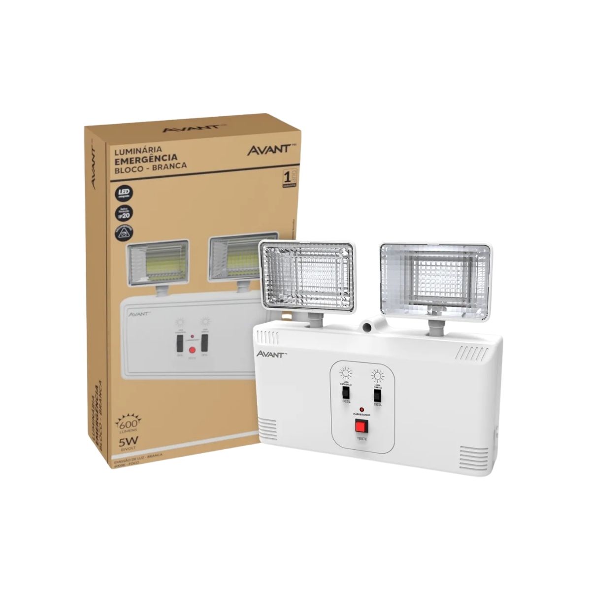 Luminária Emergência Led 2 Faróis Sobrepor 5W Bivolt 6000K Branco Frio 600Lm 4H Ip20 - Avant