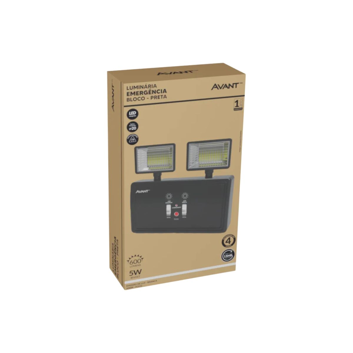 Luminária Emergência Led 2 Faróis Sobrepor 5W Bivolt 6000K Branco Frio 600Lm 4H Ip20 Preto - Avant