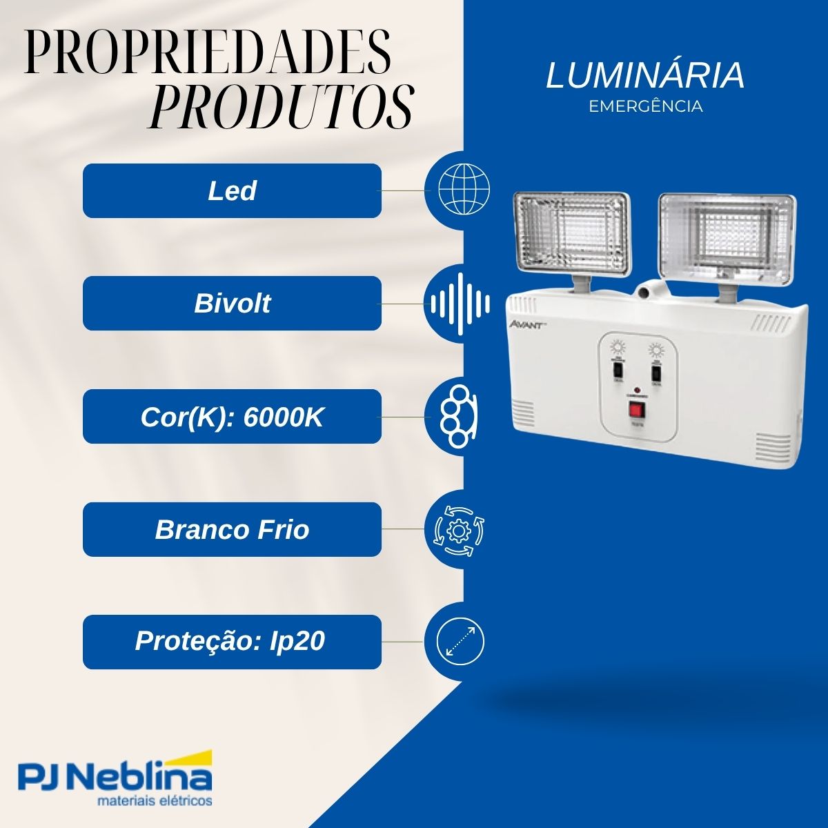 Luminária Emergência Led 2 Faróis Sobrepor 18W Bivolt 6000K Branco Frio 3000Lm 4H Ip20 - Avant
