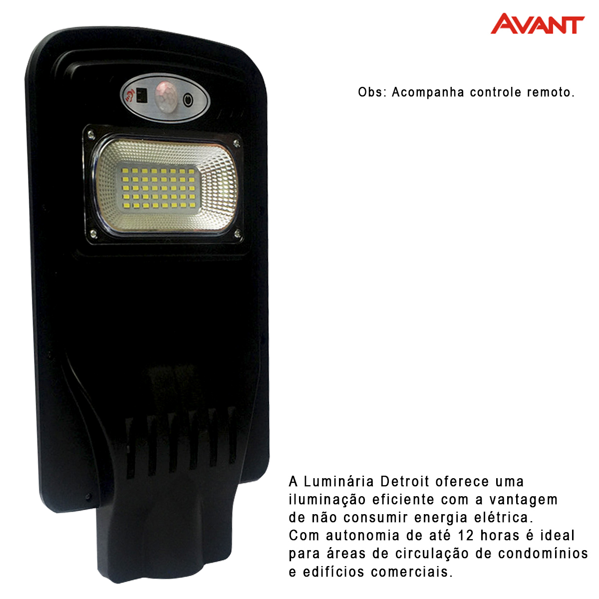 Luminária Pública Solare Led Preto 40W 6500K Luz Branca 600Lm Difusor Plástico Ip65 Com Controle Remoto Avant