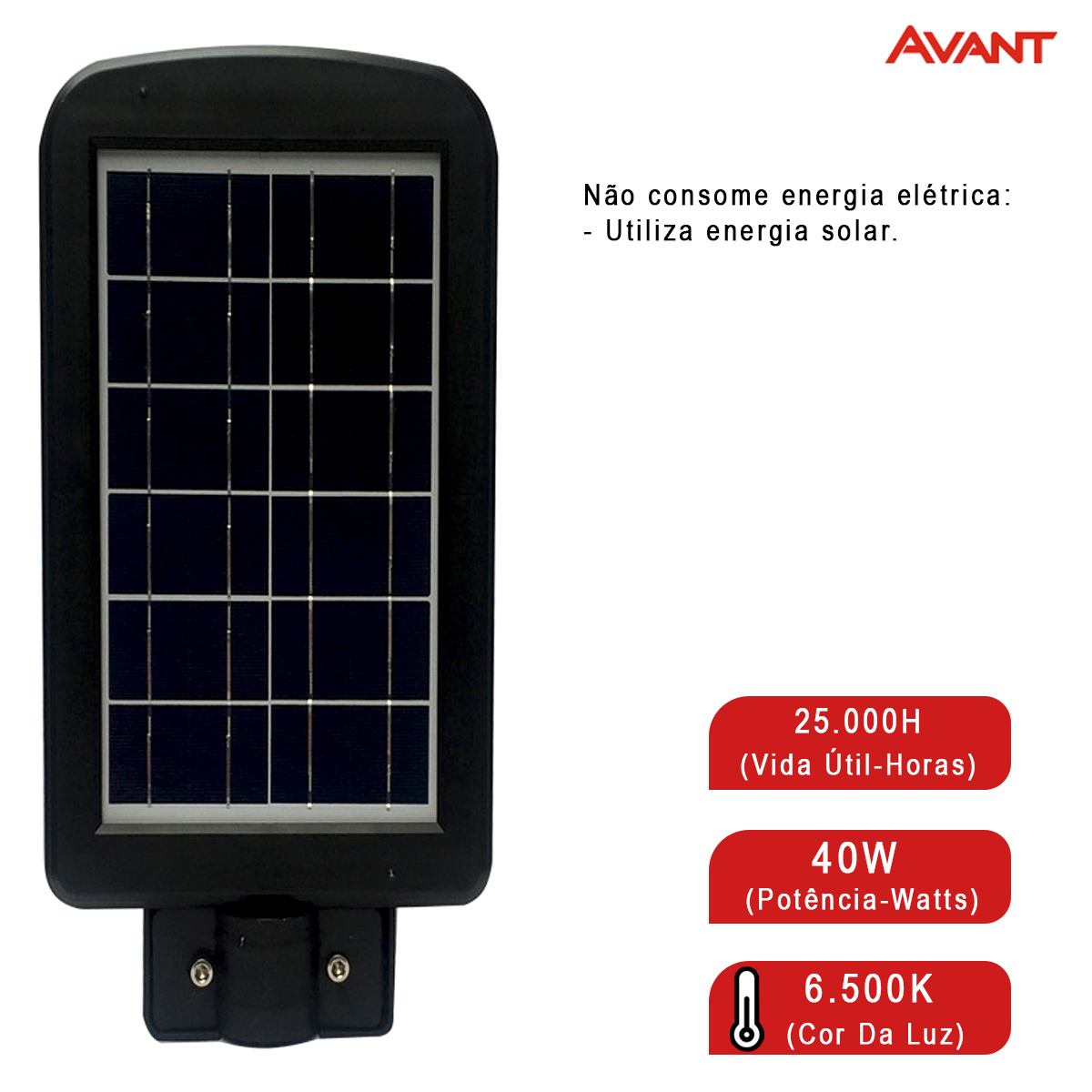 Luminária Pública Solare Led Preto 40W 6500K Luz Branca 600Lm Difusor Plástico Ip65 Com Controle Remoto Avant