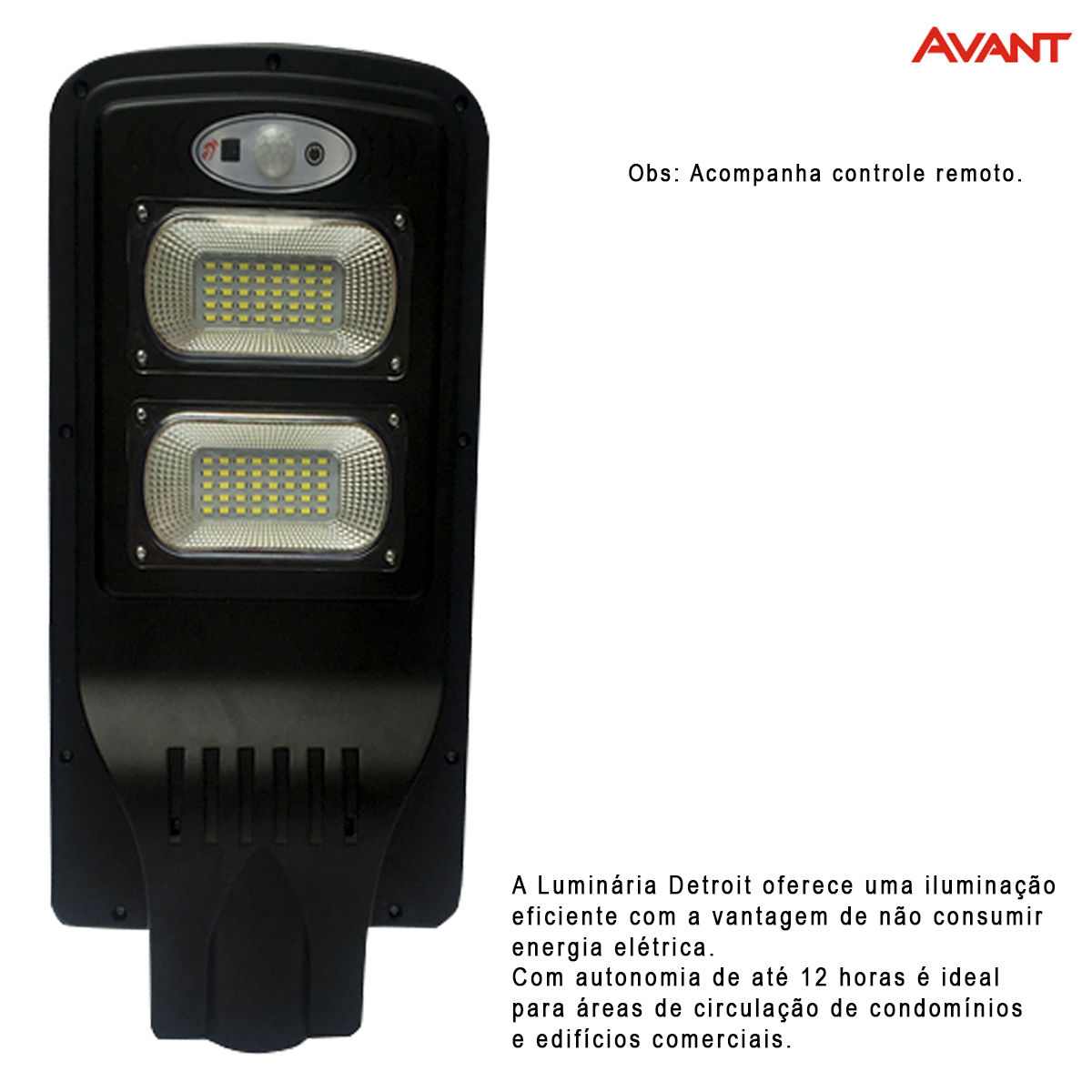 Luminária Pública Solare Led Preto 60W 6500K Luz Branca 900Lm Difusor Plástico Ip65 Com Controle Remoto Avant