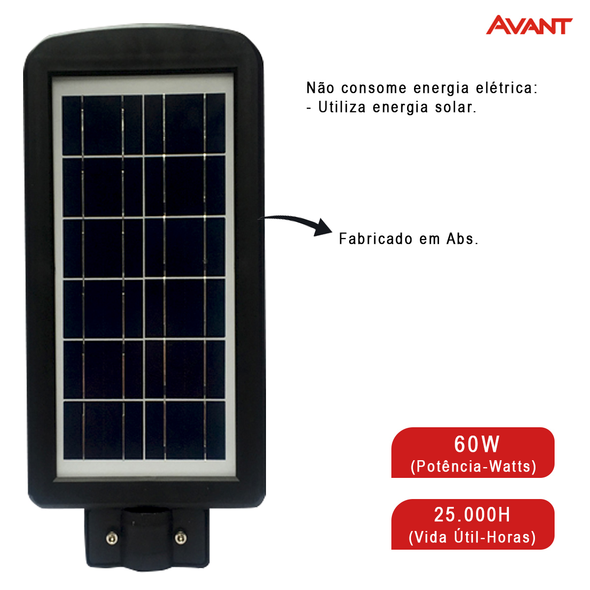 Luminária Pública Solare Led Preto 60W 6500K Luz Branca 900Lm Difusor Plástico Ip65 Com Controle Remoto Avant
