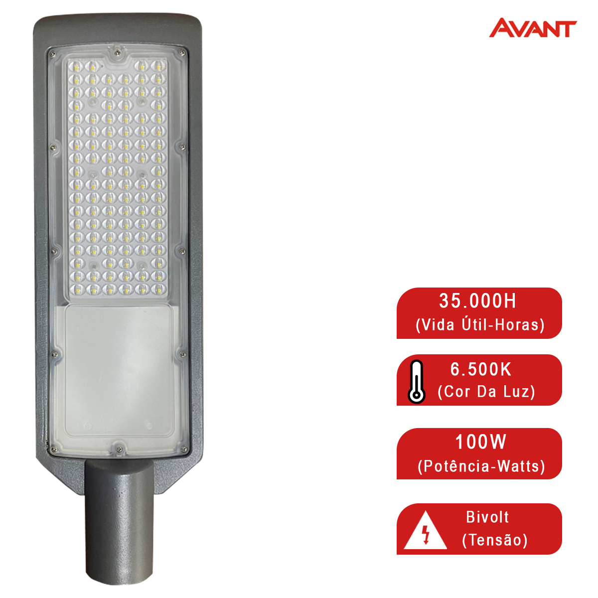Luminária Pública Led Cinza 100W Bivolt 6500K Luz Branca 12000Lm Difusor Policarbonato Ip66 Avant