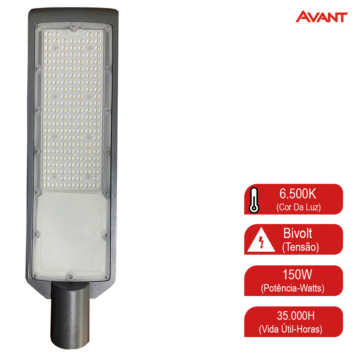 Luminária Pública Led Cinza 150W Bivolt 6500K Luz Branca 18000Lm Difusor Policarbonato Ip66 Detroit Avant