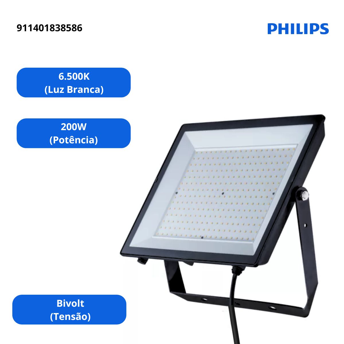Luminária Refletor Led Retangular Sobrepor Preto 200W Bivolt 6500K Luz Branca 120G - Philips