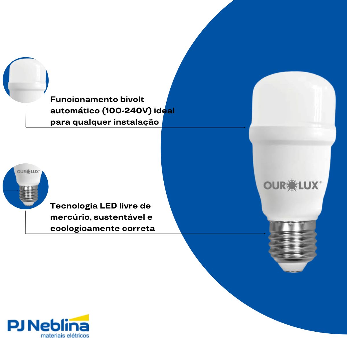 Lâmpada Led Bulbo T45 4,7W Bivolt E27 6500K Branco Frio Luz Branca 1600Lm - Ourolux