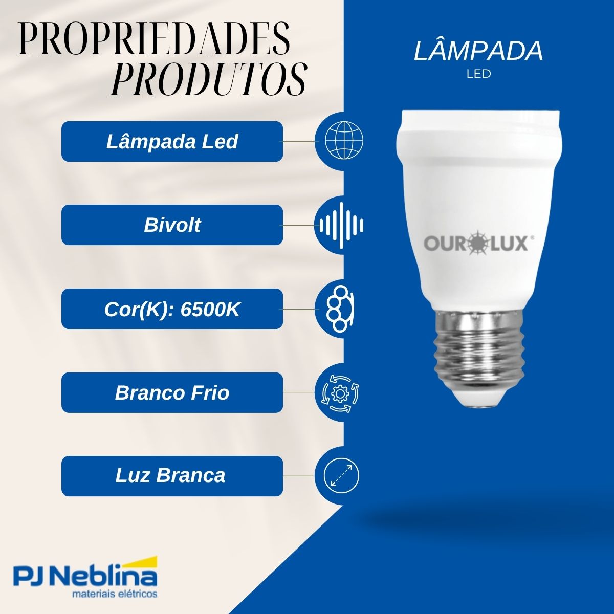 Lâmpada Led Bulbo T45 9W Bivolt E27 6500K Branco Frio Luz Branca 1600Lm - Ourolux