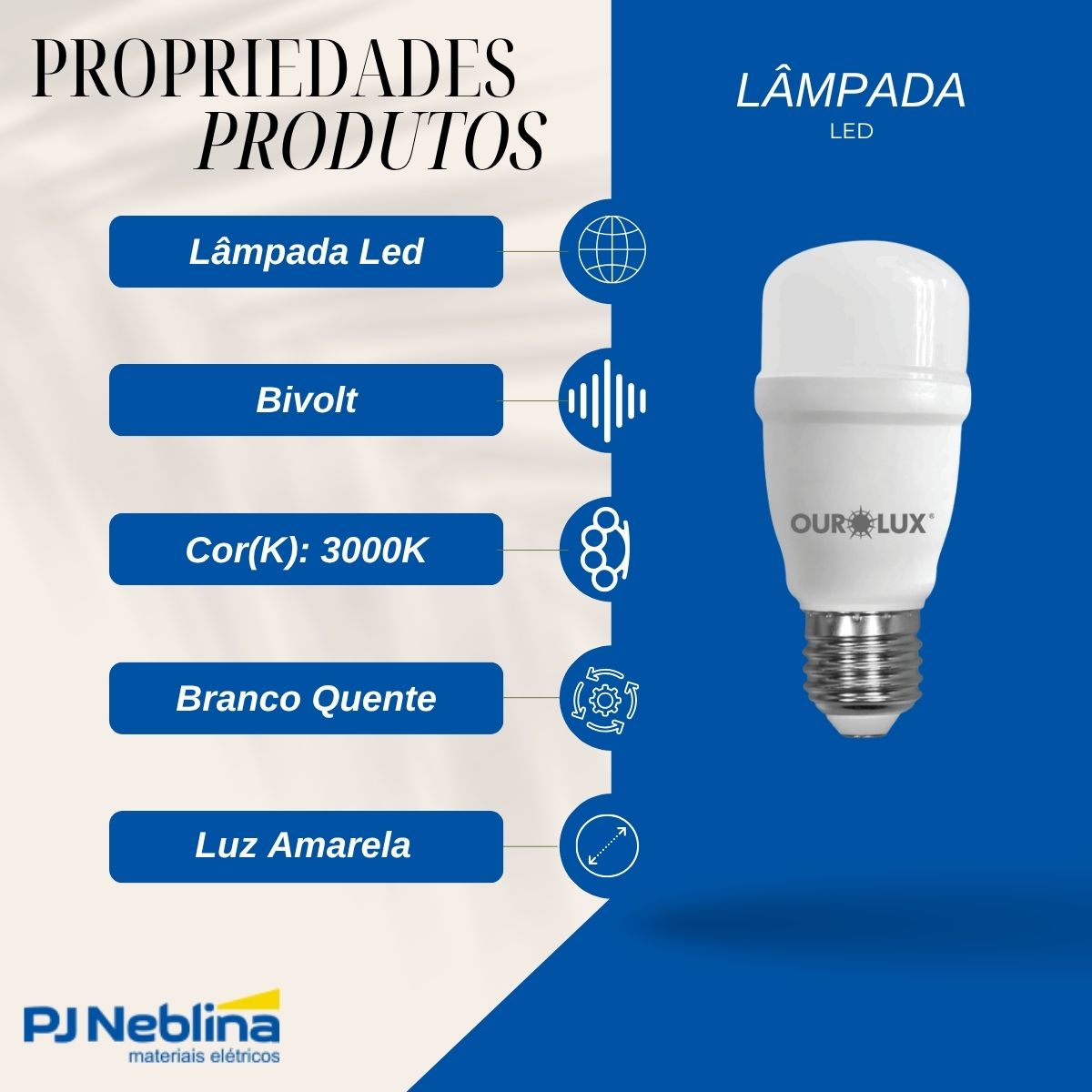 Lâmpada Led Bulbo T45 12W Bivolt E27 3000K Branco Quente Luz Amarela 1600Lm - Ourolux
