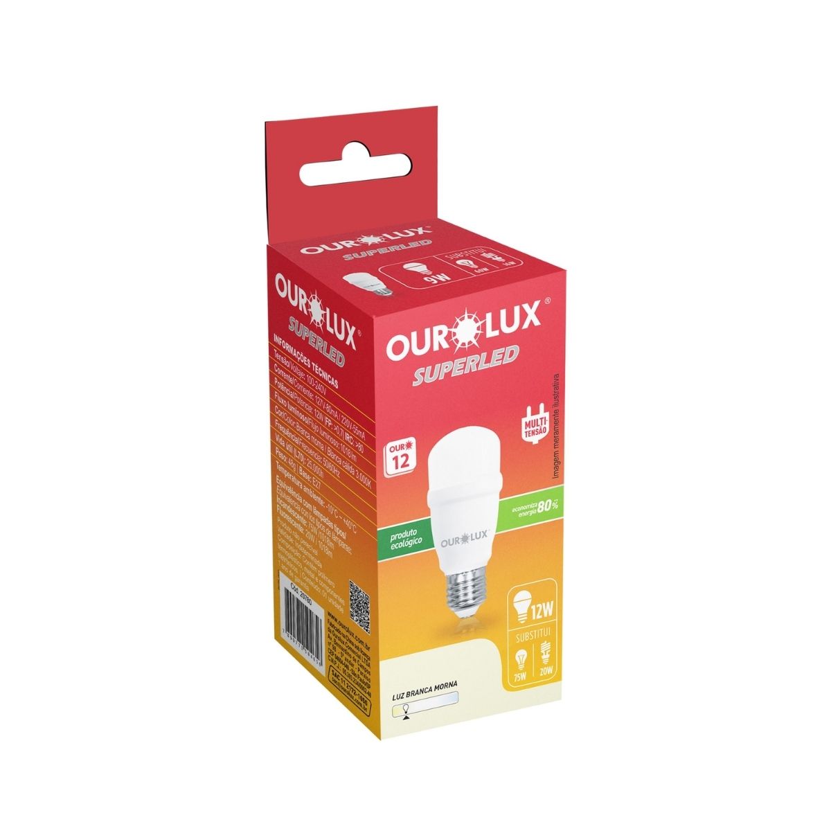 Lâmpada Led Bulbo T45 12W Bivolt E27 3000K Branco Quente Luz Amarela 1600Lm - Ourolux