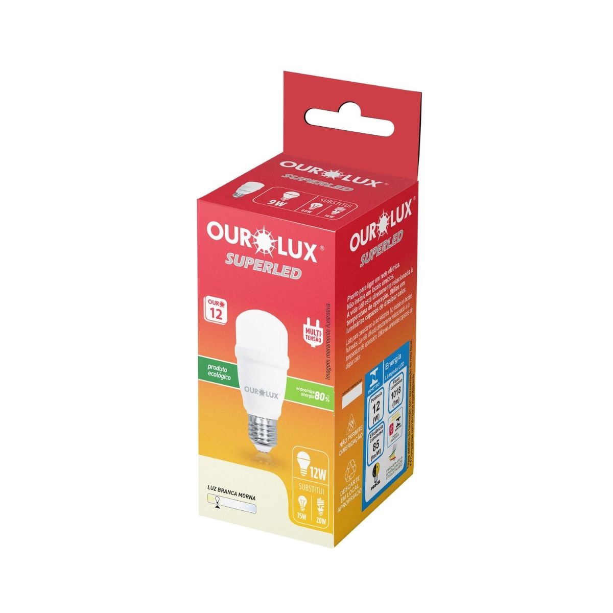 Lâmpada Led Bulbo T45 12W Bivolt E27 3000K Branco Quente Luz Amarela 1600Lm - Ourolux