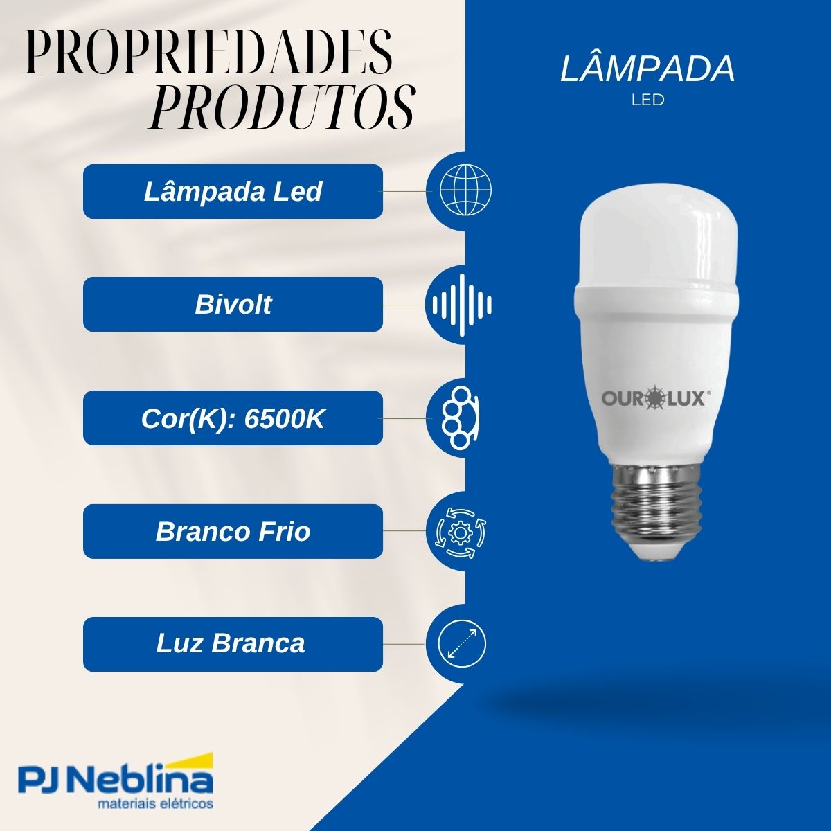 Lâmpada Led Bulbo T45 12W Bivolt E27 6500K Branco Frio Luz Branca 1600Lm - Ourolux