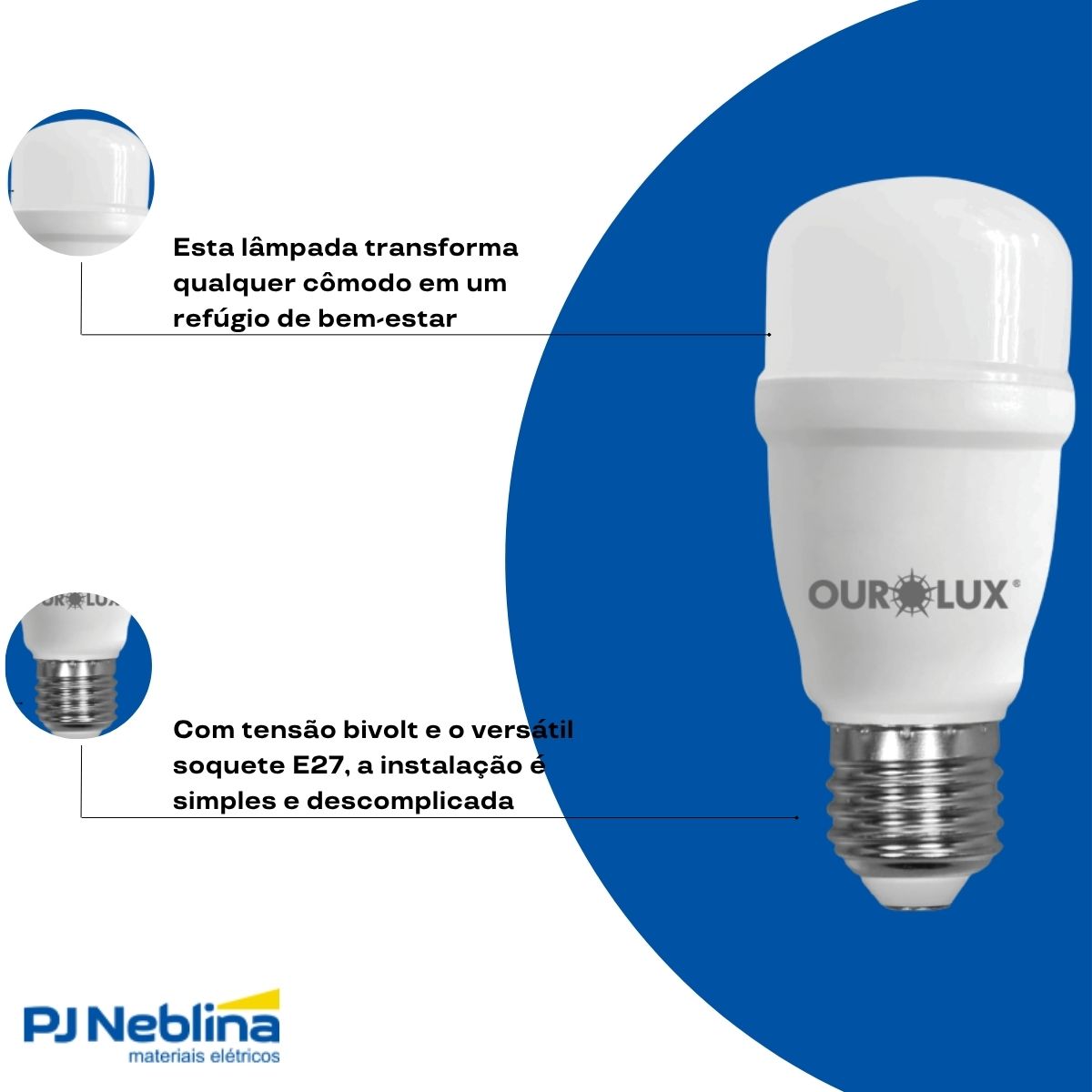 Lâmpada Led Bulbo T45 12W Bivolt E27 6500K Branco Frio Luz Branca 1600Lm - Ourolux