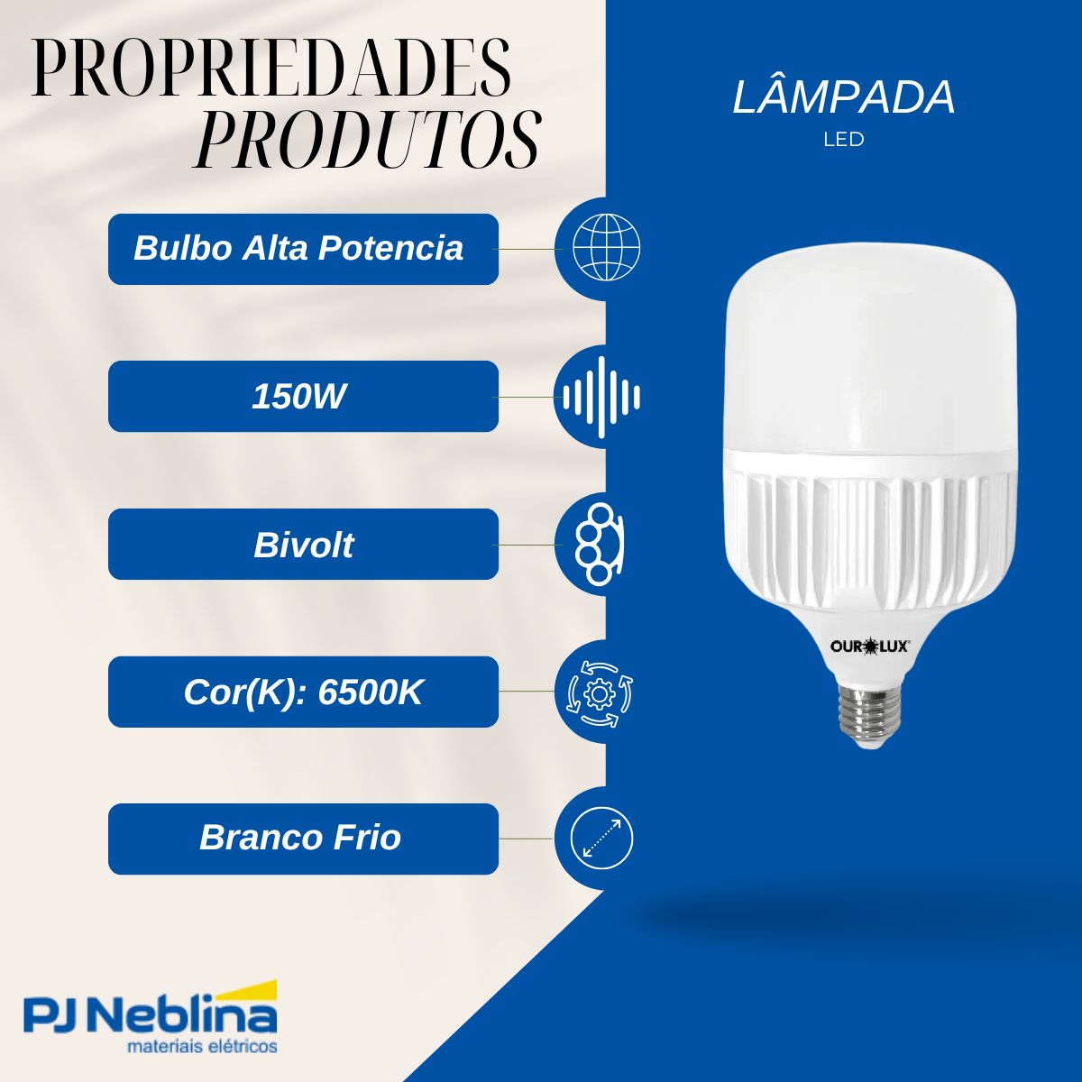 Lâmpada Led Bulbo Alta Potencia T 150W Bivolt E40 6500K Branco Frio Luz Branca 12000Lm - Ourolux