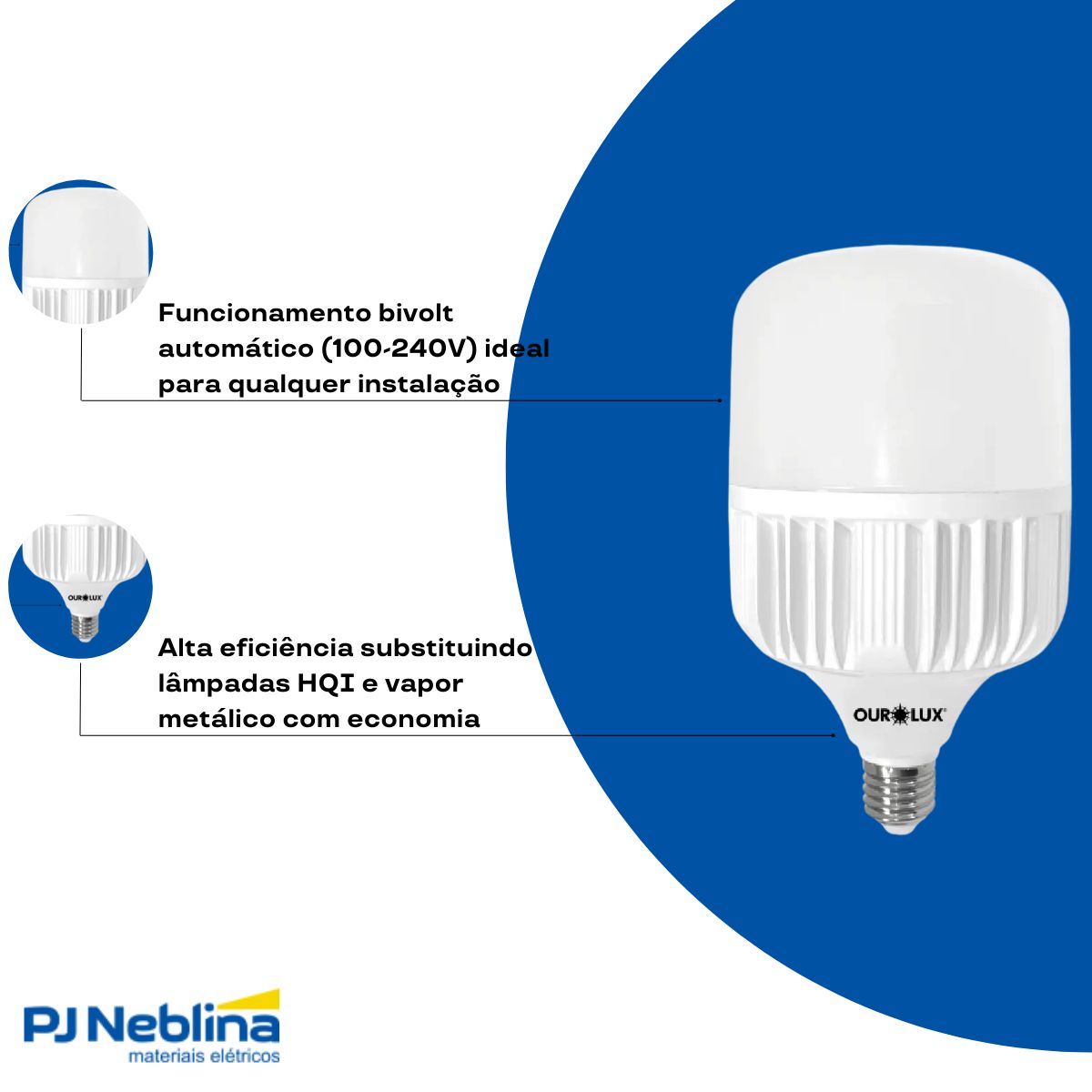 Lâmpada Led Bulbo Alta Potencia T 150W Bivolt E40 6500K Branco Frio Luz Branca 12000Lm - Ourolux