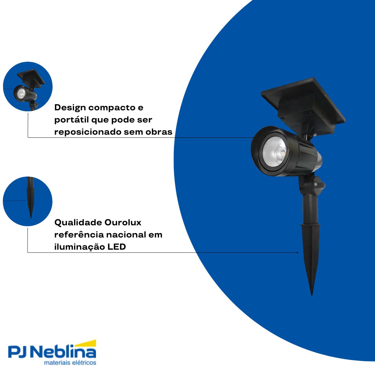 Luminária Espeto Led Jardim Redondo 3W Solar 6500K Branco Frio 50Lm - Ourolux
