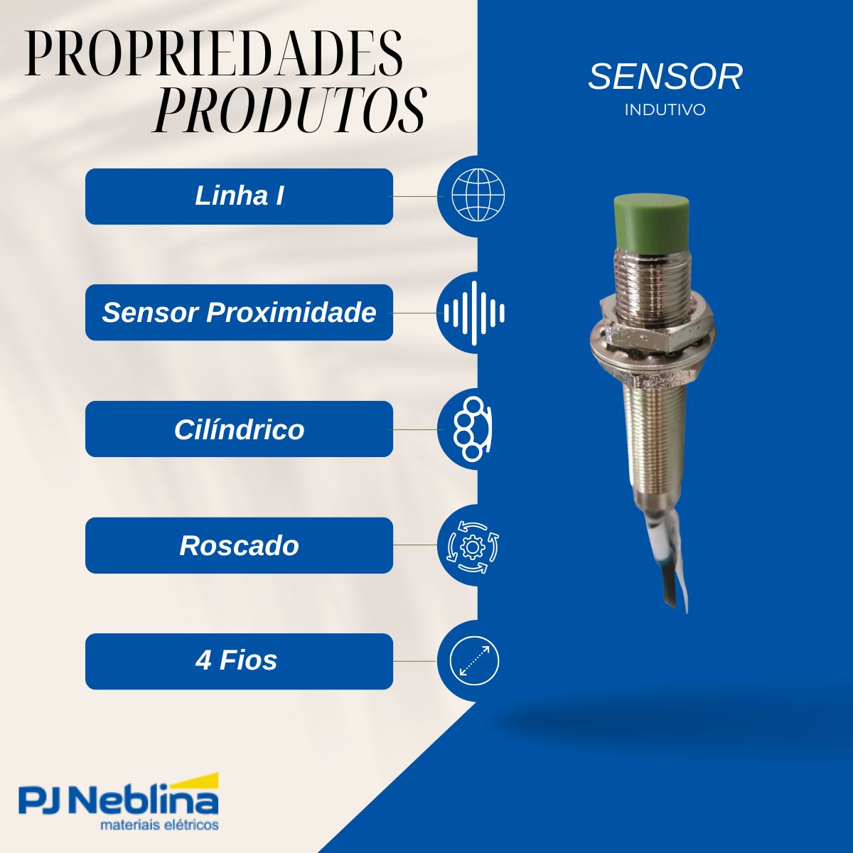 Sensor Indutivo Cilíndrico Roscado Sn=4Mm M12X1,00Mm Latão Niquelado 4 Fios 10-36Vcc Cabo 2M Pnp 1Na+1Nf 1 Led - Metaltex
