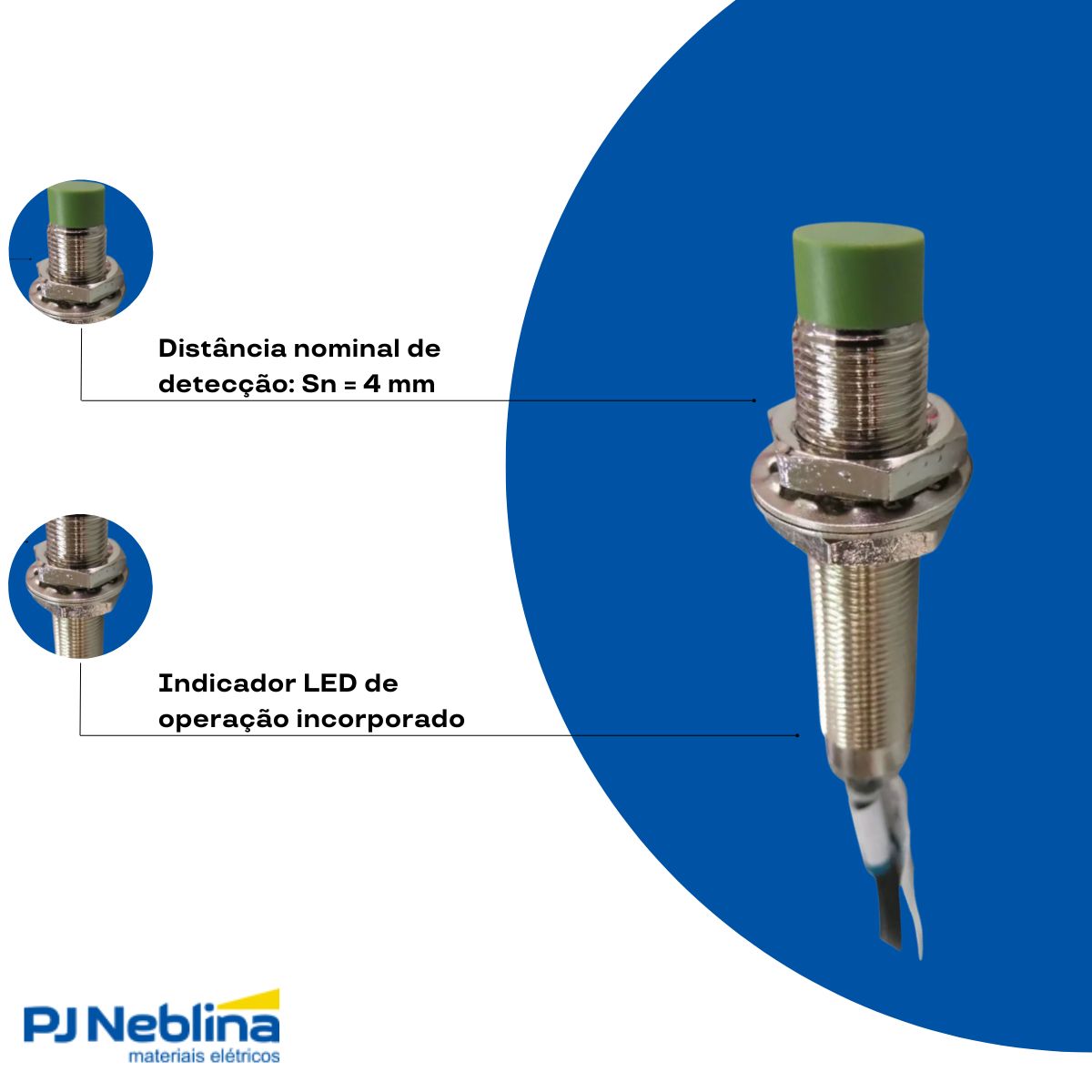 Sensor Indutivo Cilíndrico Roscado Sn=4Mm M12X1,00Mm Latão Niquelado 4 Fios 10-36Vcc Cabo 2M Pnp 1Na+1Nf 1 Led - Metaltex
