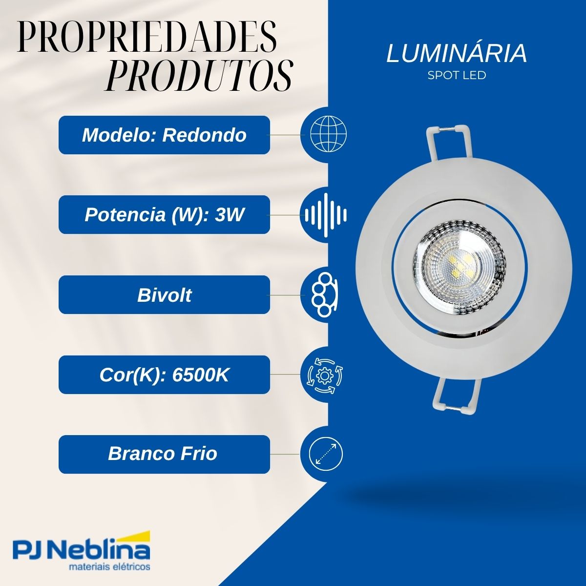 Luminária Spot Led Redonda Bc 3W Bivolt 6500K Branco Frio 250Lm - Avant