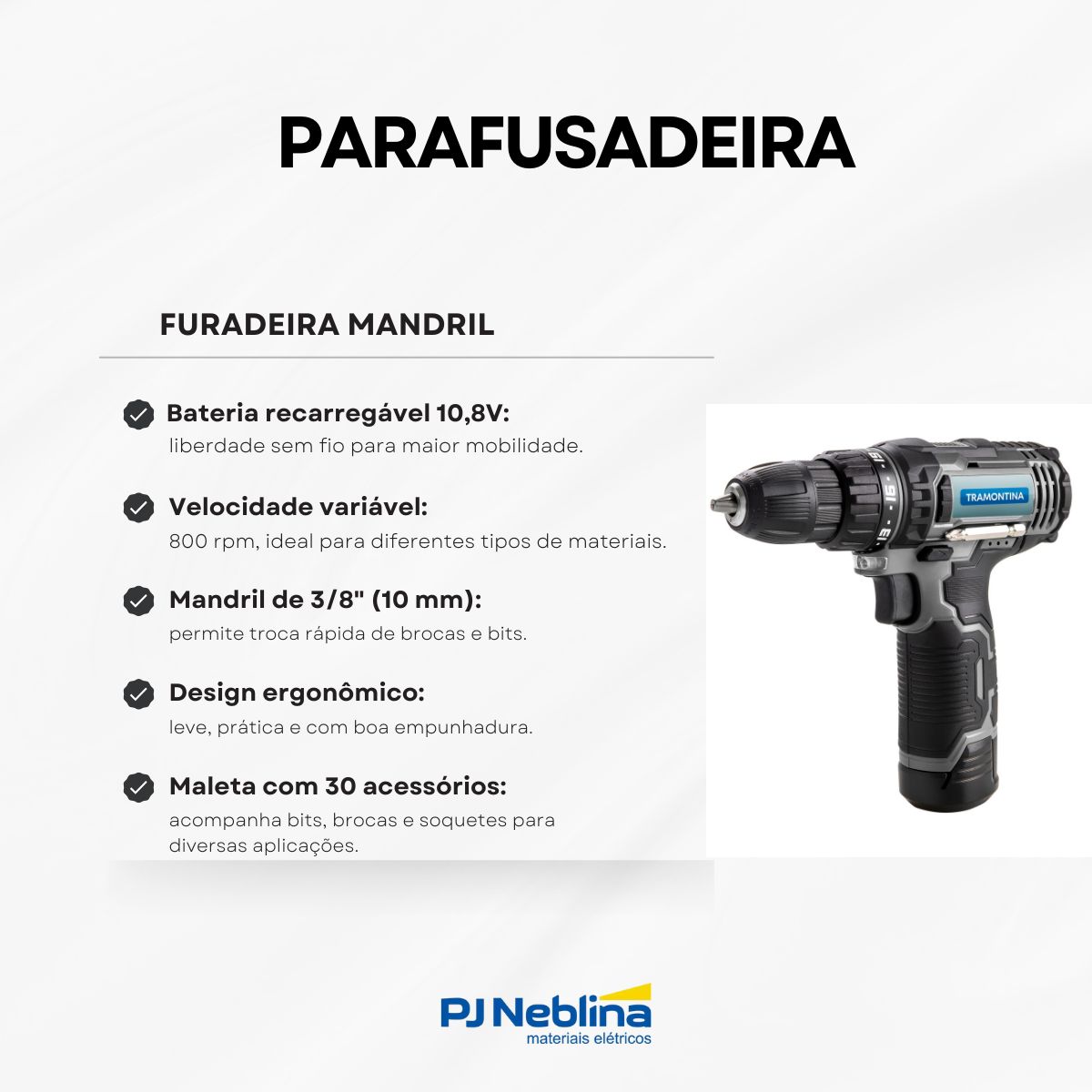 Parafusadeira Furadeira Mandril 3/8 10,8V 0-800 Rpm Com Maleta Com 30 Peças - Tramontina