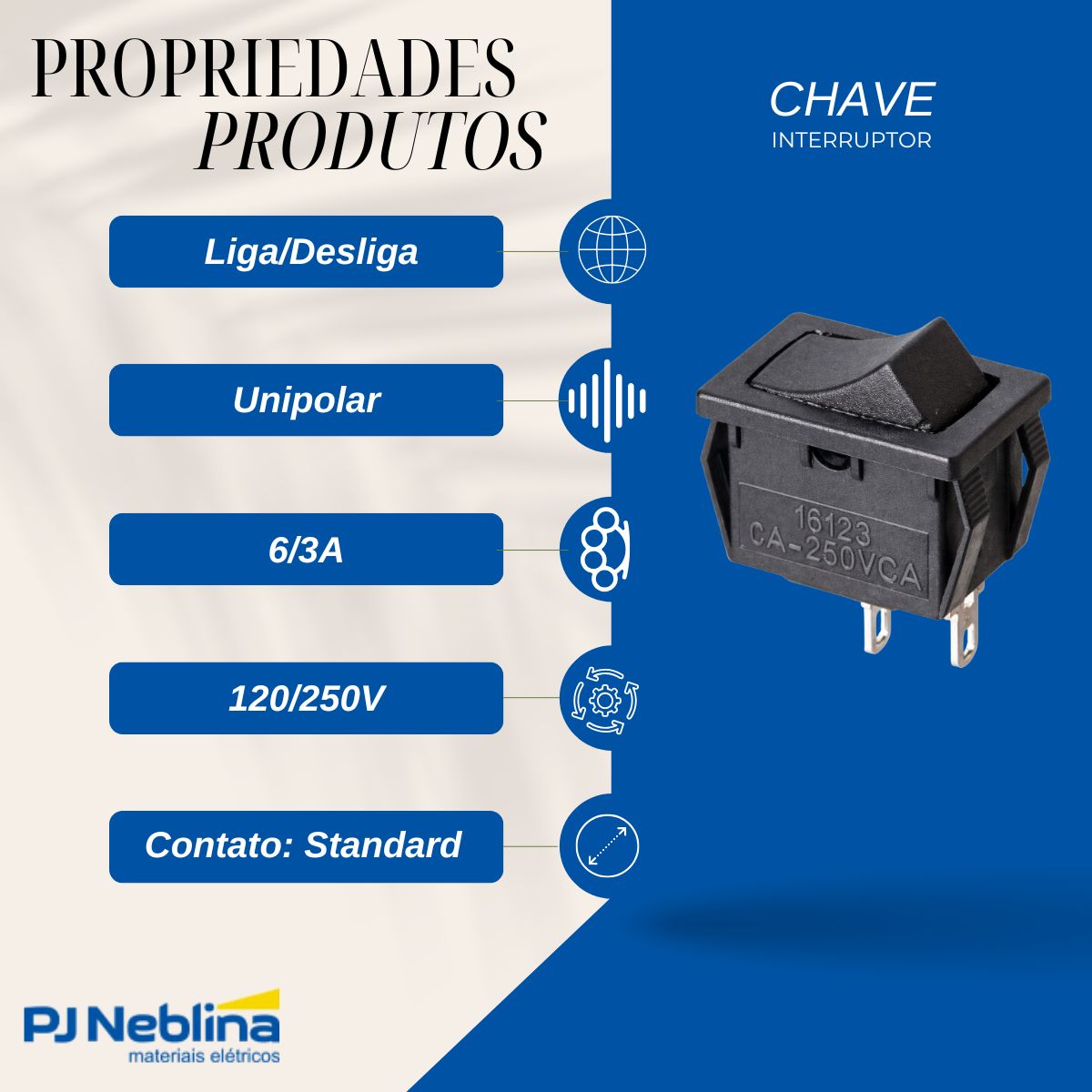 Chave Interruptor Tecla Poliamida Unipolar Liga/Desliga 6/3A 120/250V Preto Standard Terminal Faston - Margirius