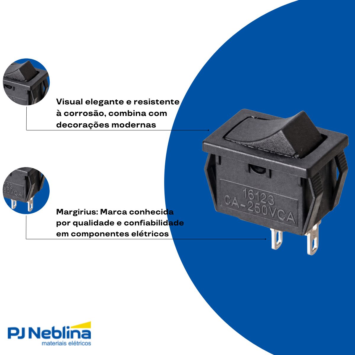Chave Interruptor Tecla Poliamida Unipolar Liga/Desliga 6/3A 120/250V Preto Standard Terminal Faston - Margirius