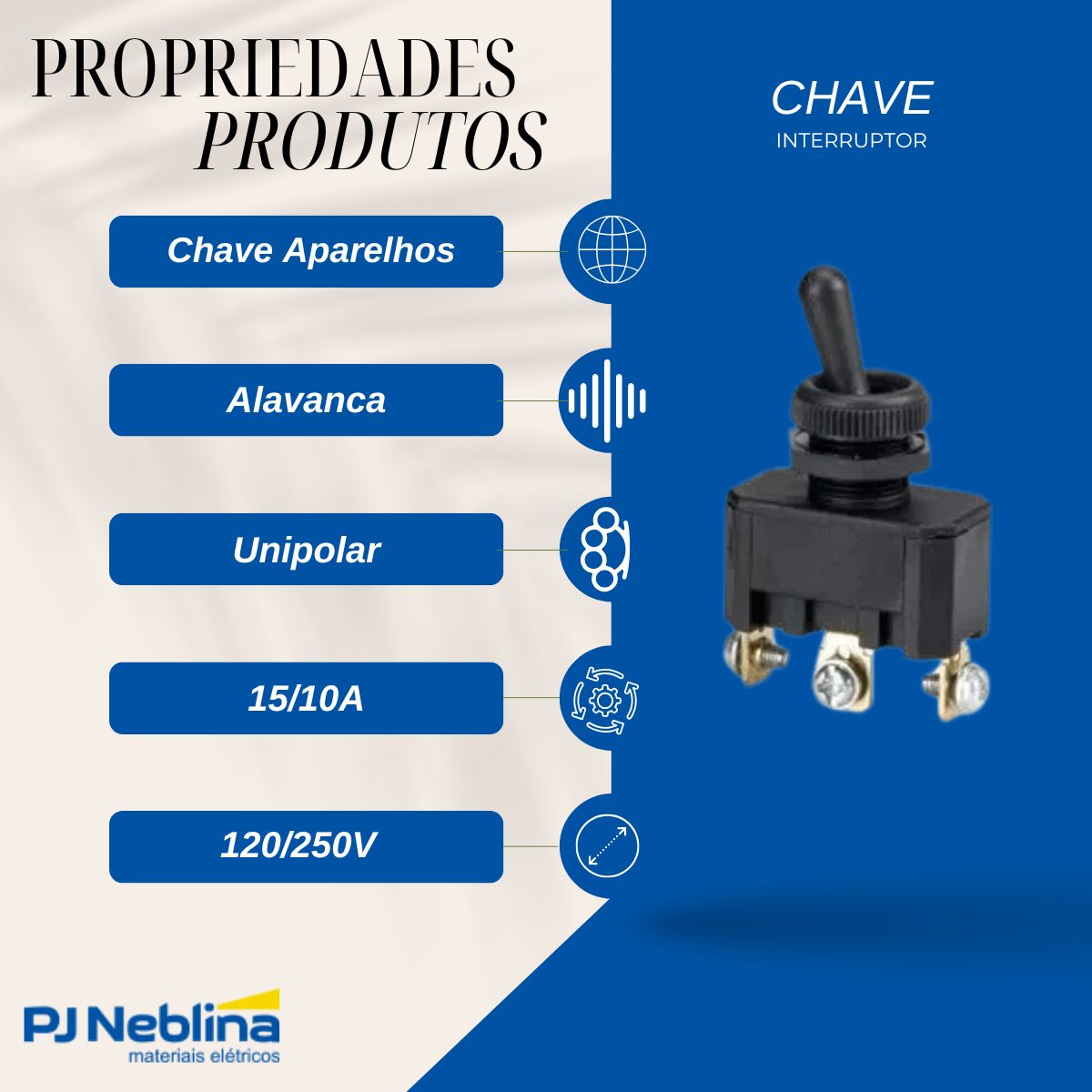 Chave Interruptor Alavanca Poliamida Unipolar Liga/Desl/Liga 15/10A 120/250V Pt Standard Terminal Parafuso - Margirius