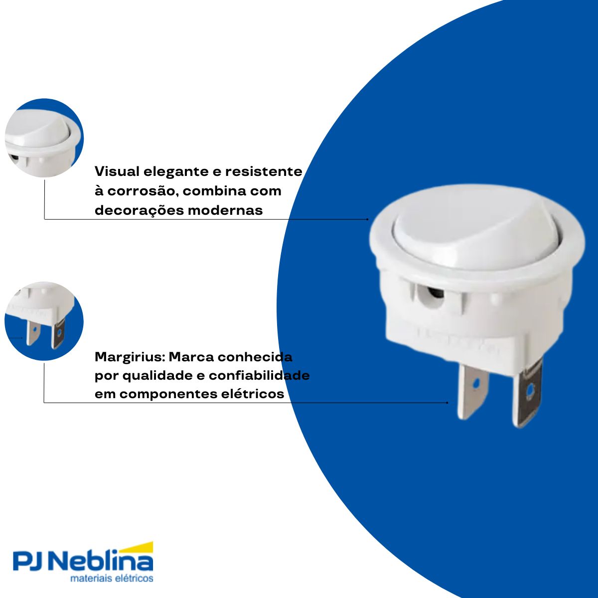 Chave Interruptor Tecla Poliamida Unipolar Liga/Desligado 10/6A 120/250V Bc Standard Terminal Faston - Margirius