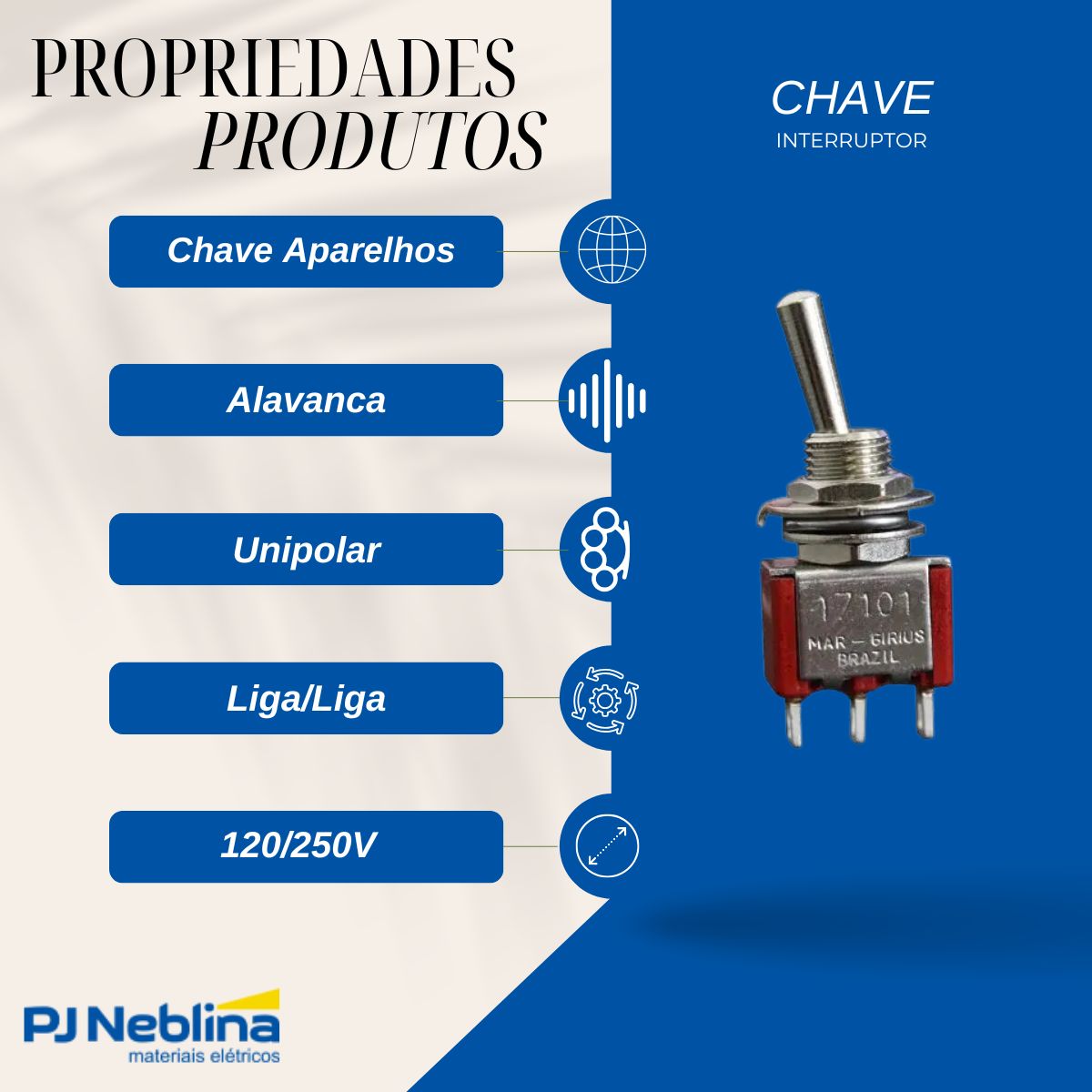Chave Interruptor Alavanca Metalica Unipolar Liga/Liga 3/1A 120/250V Cromada Standard Terminal Faston - Margirius