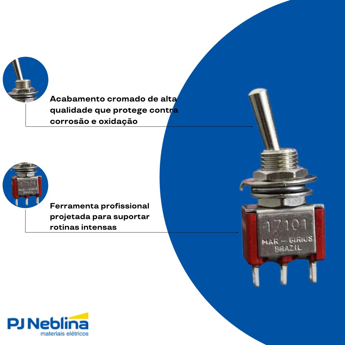 Chave Interruptor Alavanca Metalica Unipolar Liga/Liga 3/1A 120/250V Cromada Standard Terminal Faston - Margirius