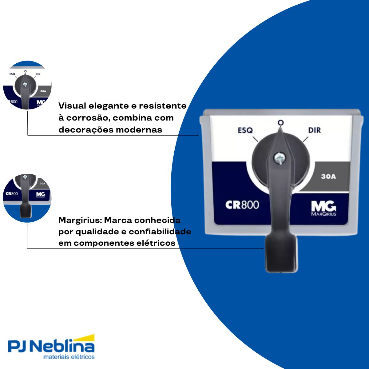 Chave Rotativa Reversora 3 Polos 30A 220V 3 Pos 45G Preto Sobrepor Caixa Aço - Margirius