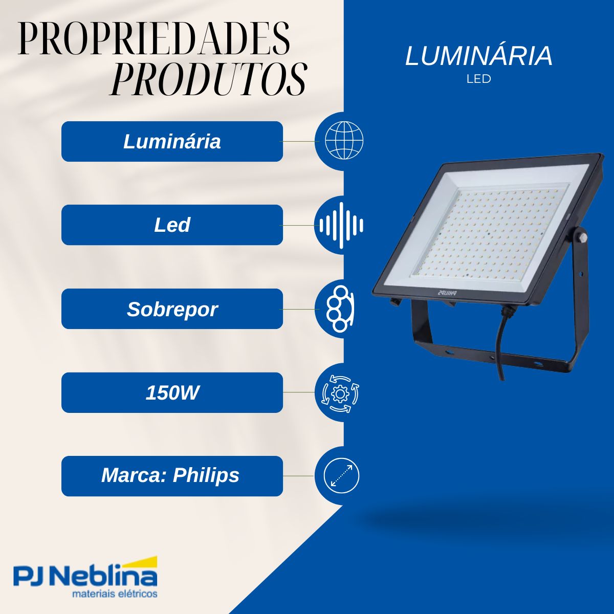 Luminária Refletor Led Retangular Sobrepor Preto 150W Bivolt 6500K Branco Frio 15000Lm 120G Ip65 - Philips