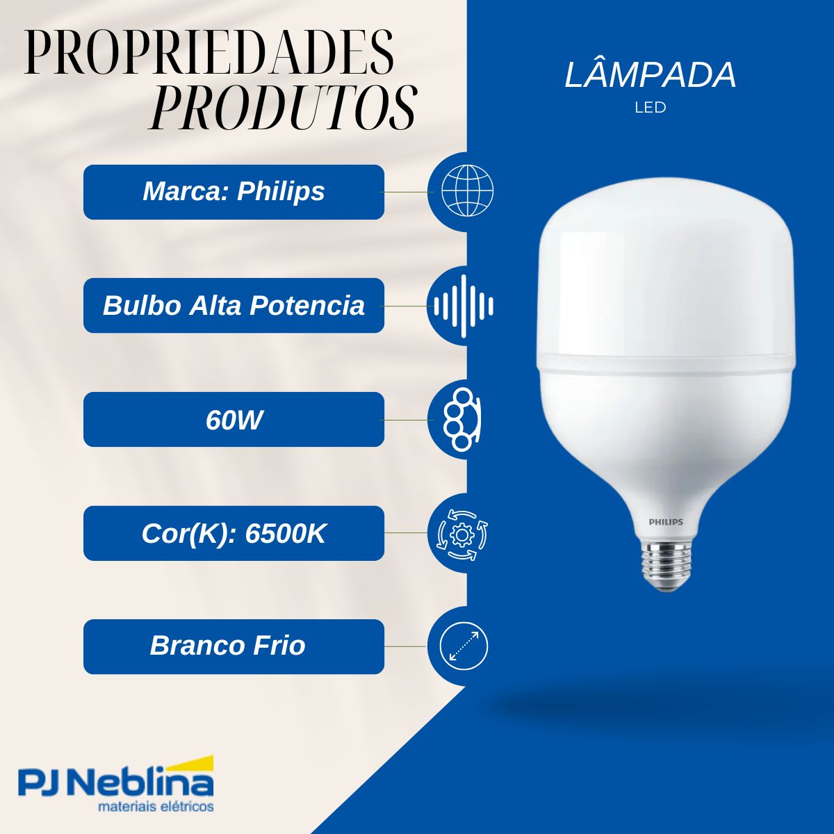 Lampada Led Bulbo Alta Potencia T 60w Bivolt E27 6500k Branc
