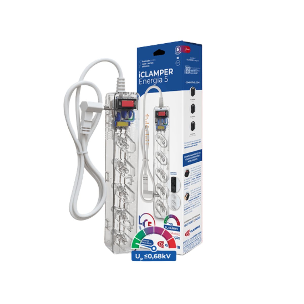 Filtro de Linha 5 Tomadas 10A Bivolt Transparente com Interruptor e Fusível - Clamper