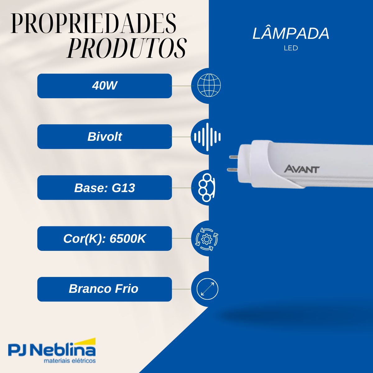 Lâmpada Led Tubular Ho T8 40W Bivolt G13 6500K Branco Frio Luz Branca 3800Lm 2400Mm Policarbonato - Avant