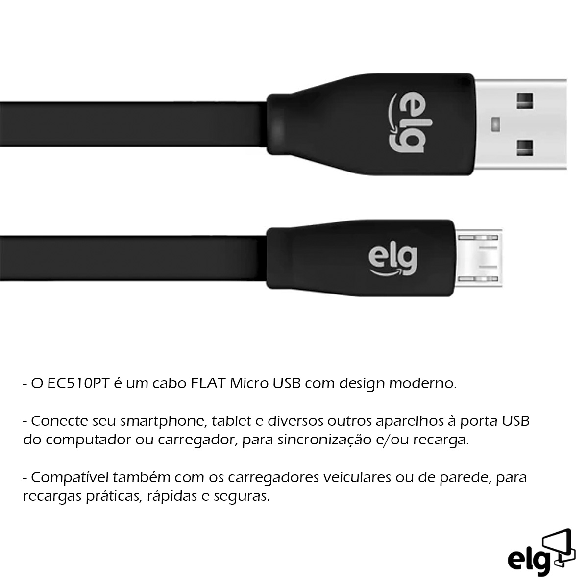 Cabo Micro Usb Flat Carregador Preto 1,25 Metros EC510PT - Elg