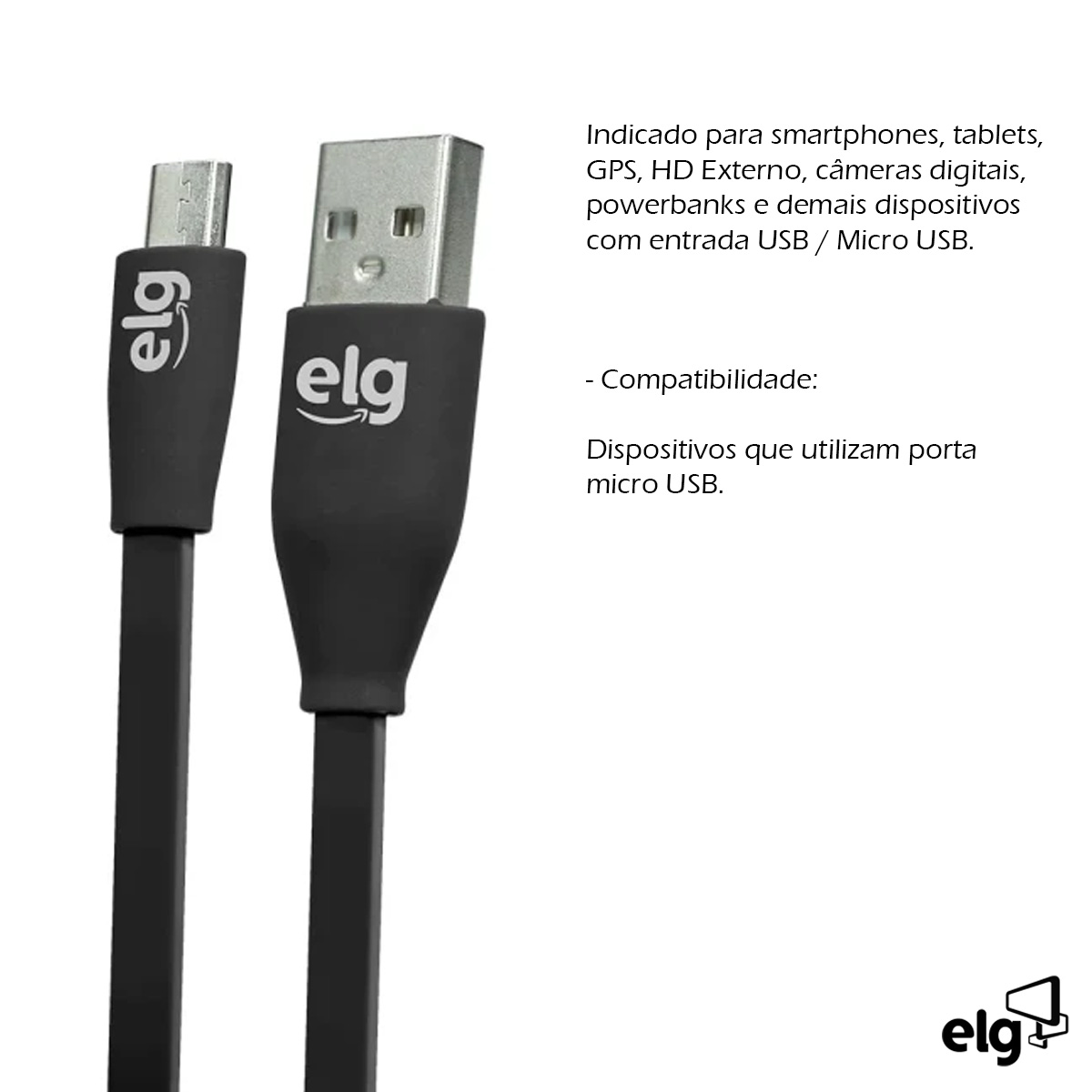 Cabo Micro Usb Flat Carregador Preto 1,25 Metros EC510PT - Elg