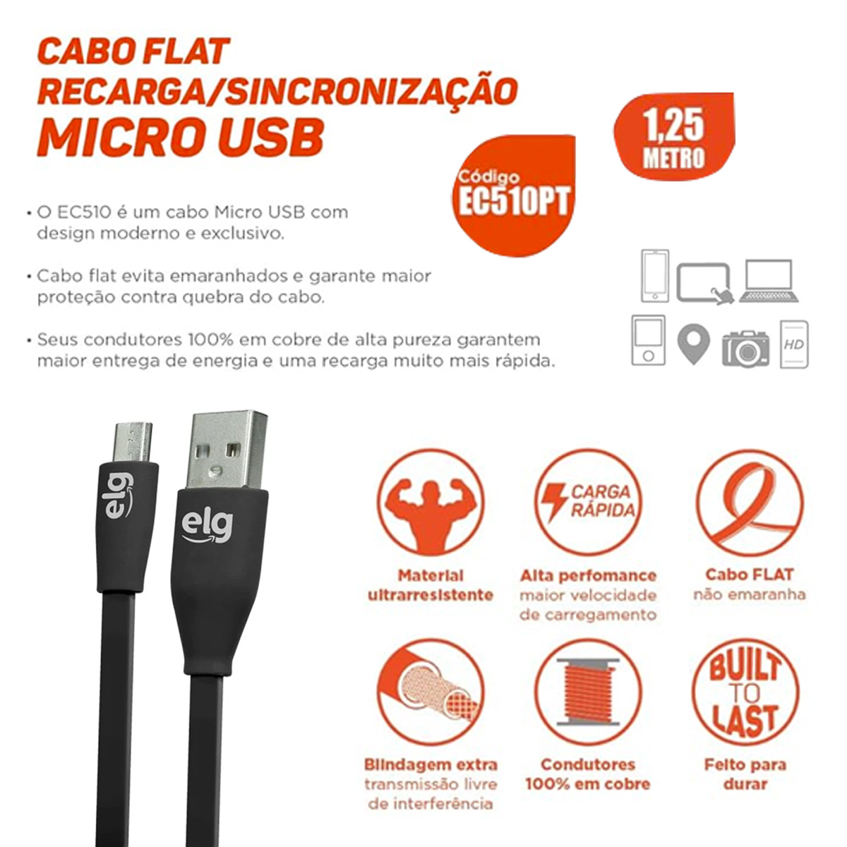 Cabo Micro Usb Flat Carregador Preto 1,25 Metros EC510PT - Elg