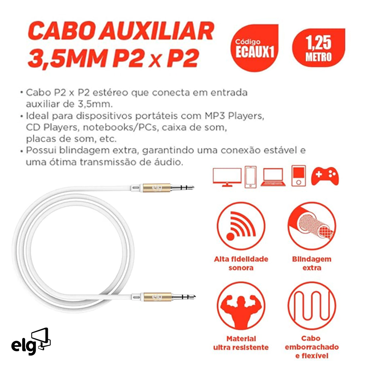 Cabo Estéreo P2 + P2 Auxiliar 3,5mm 1,25 Metros Branco/Dourado Macho/Macho ECAUX1 - Elg
