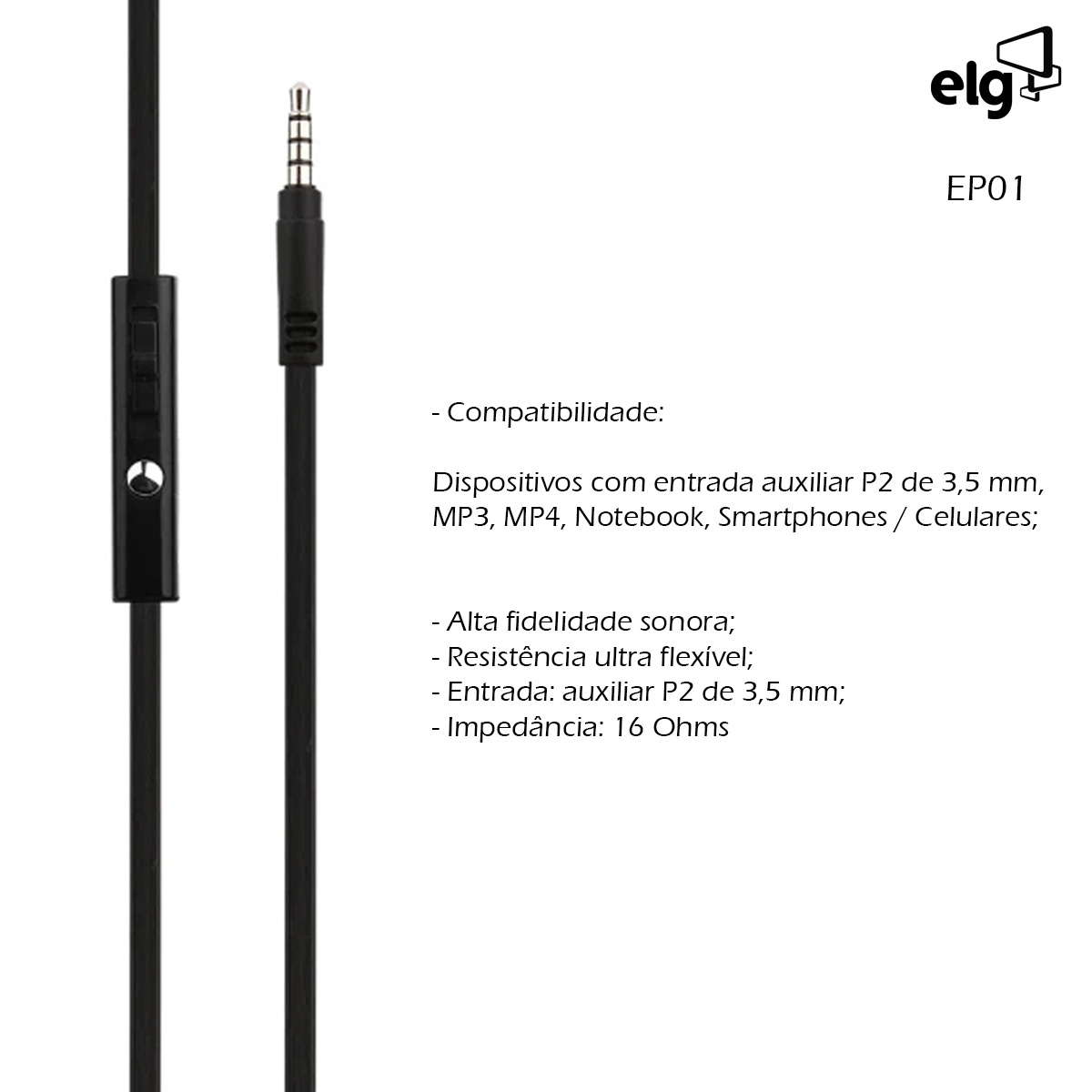 Fone De Ouvido Intra-auricular Com Microfone Preto 1,2 Metros EP01 - Elg
