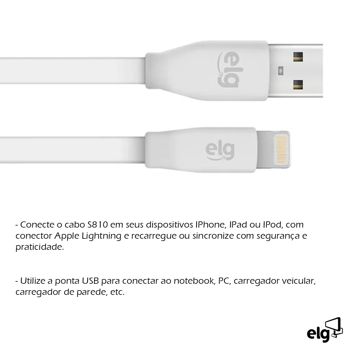 Cabo Usb Apple/Lightning Para Recarga/Sincronização Iphone/Ipad/Ipod Branco 1,25 Metros Elg