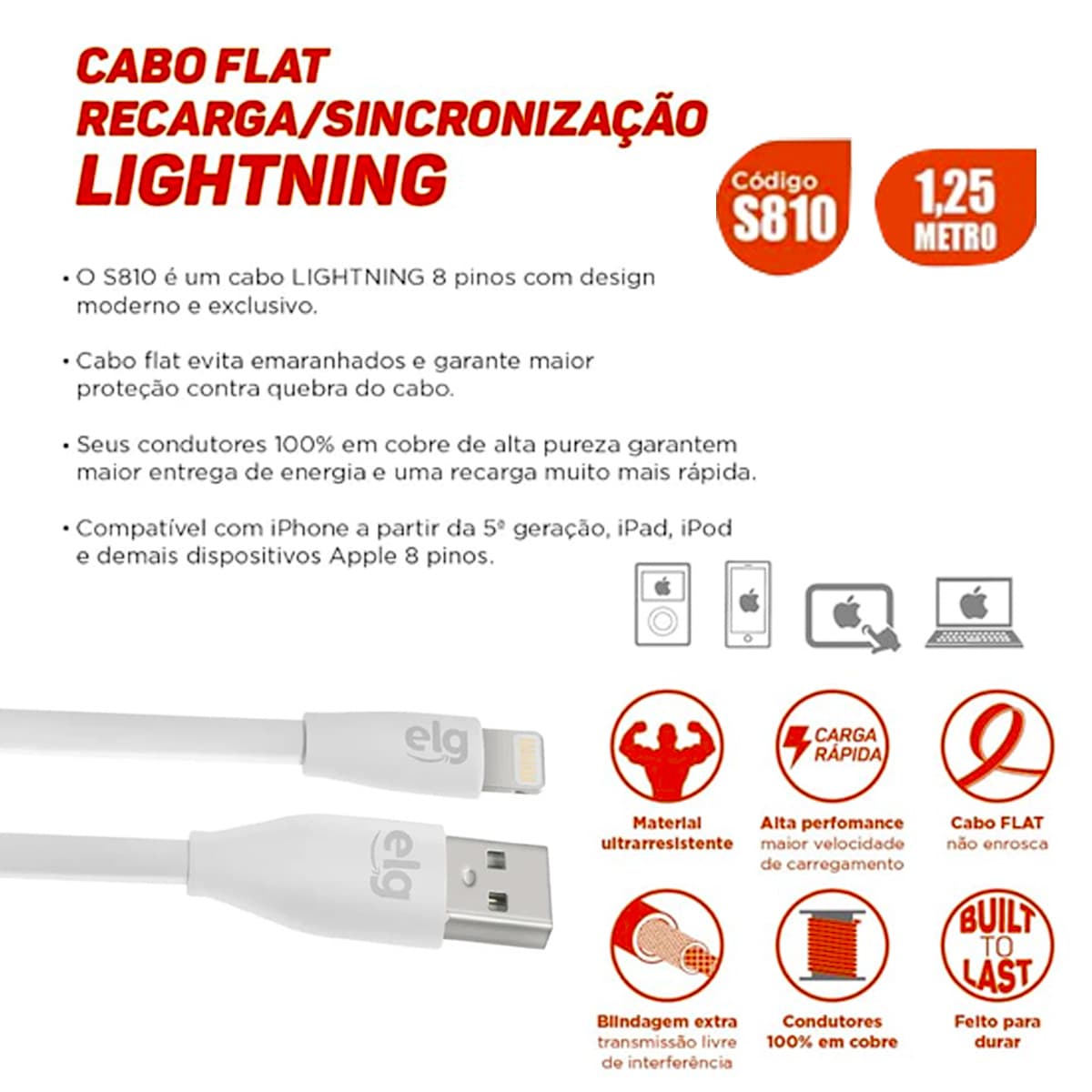 Cabo Usb Apple/Lightning Para Recarga/Sincronização Iphone/Ipad/Ipod Branco 1,25 Metros Elg