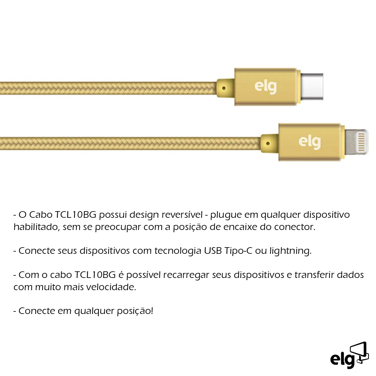 Cabo Usb Tipo C/Lightning Carregador Dourado 1 Metro Reforçado 3A 15W TCL10BG - Elg