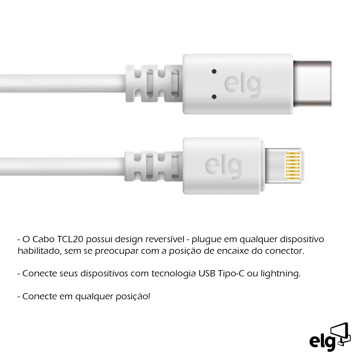 Cabo Usb Tipo C/Lightning Carregador Branco 1 Metro Reforçado TCL20 - Elg