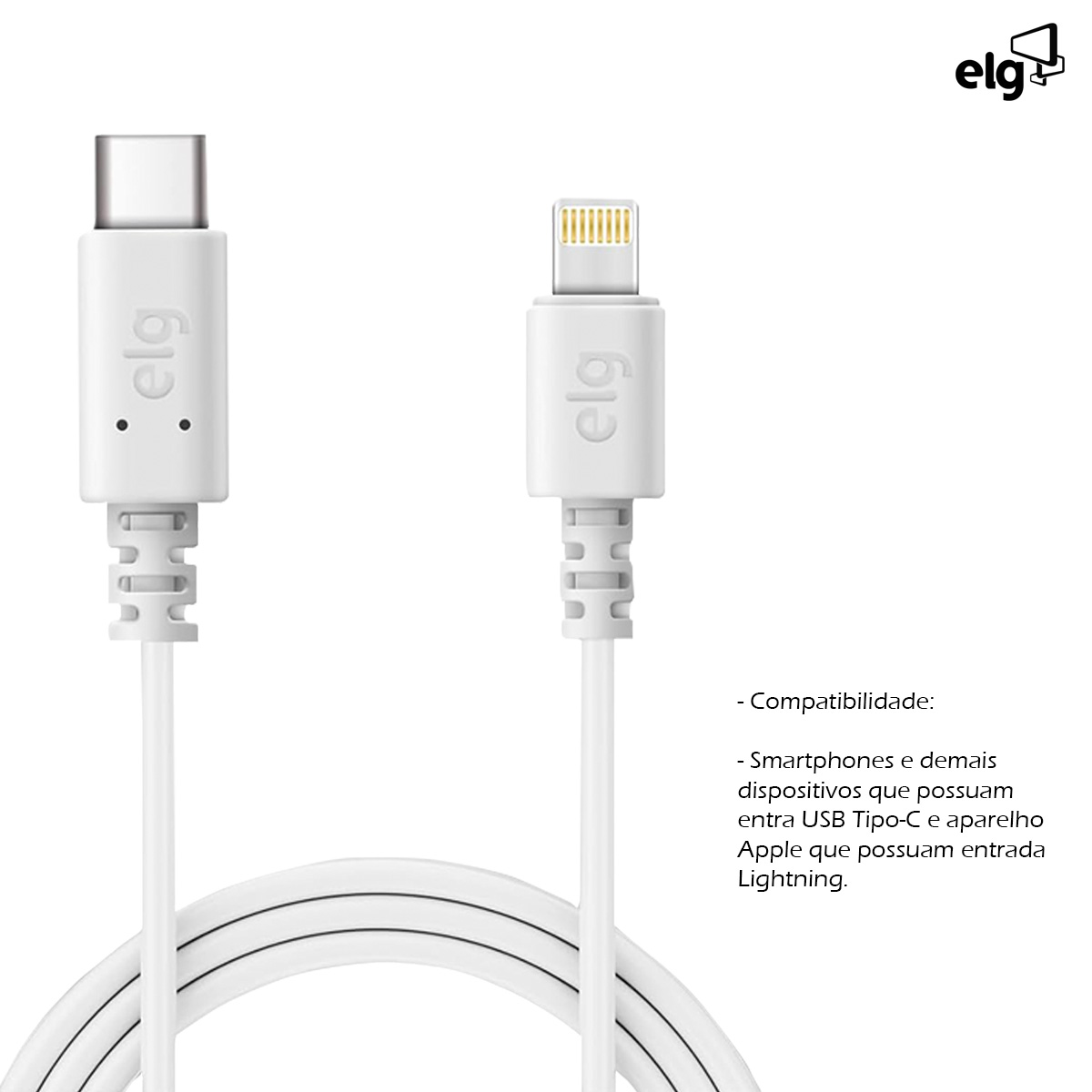 Cabo Usb Tipo C/Lightning Carregador Branco 1 Metro Reforçado TCL20 - Elg