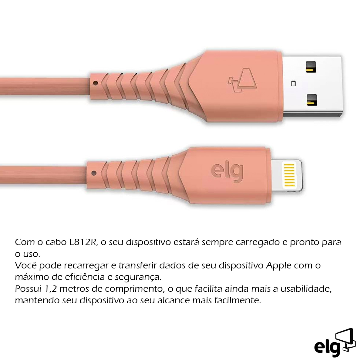 Cabo Usb Apple/Lightning Carregador Salmão 1,2 Metros Emborrachado 2,4A 12W Série Colors L812R - Elg